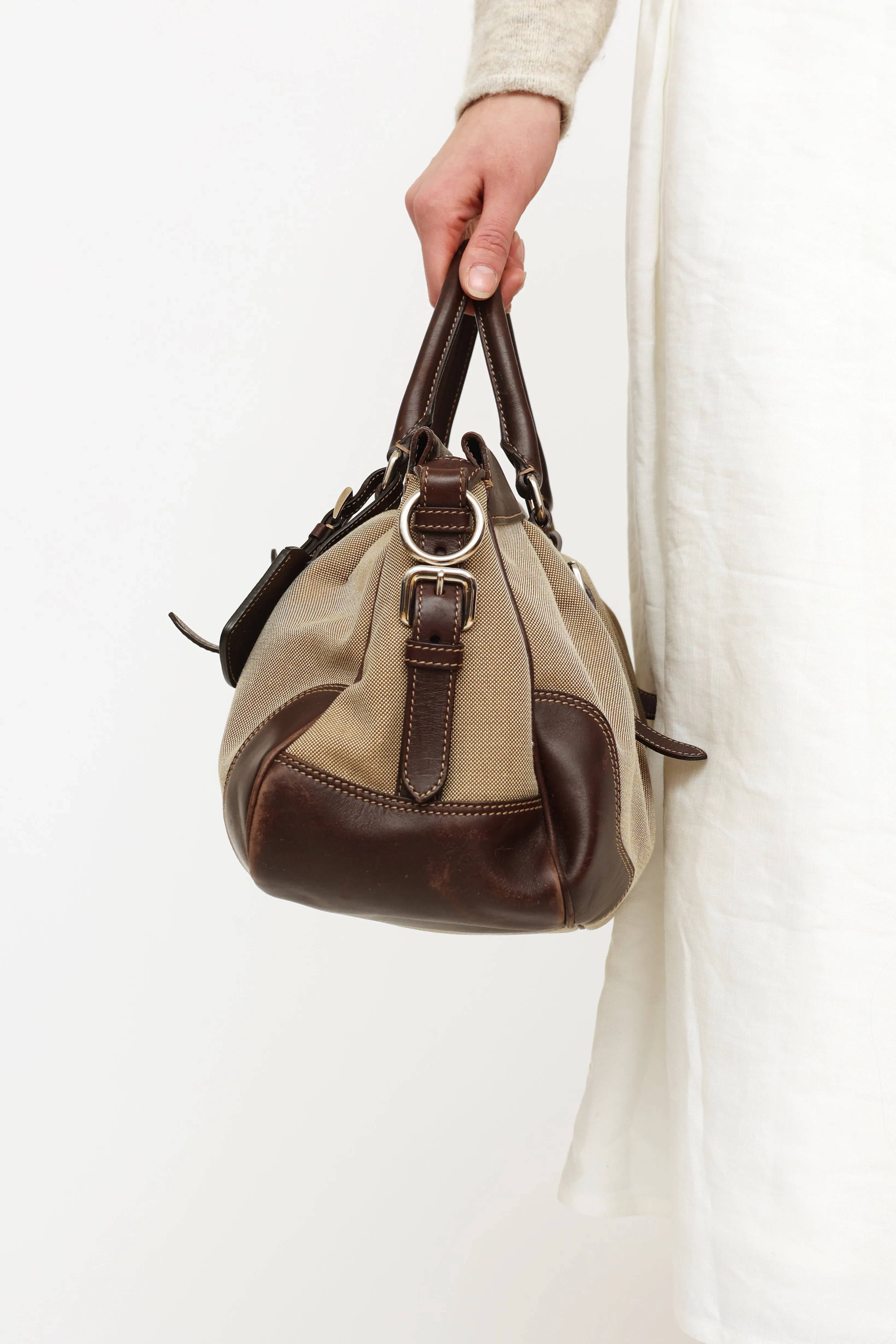 Beige & Brown Canapas Logo Satchel