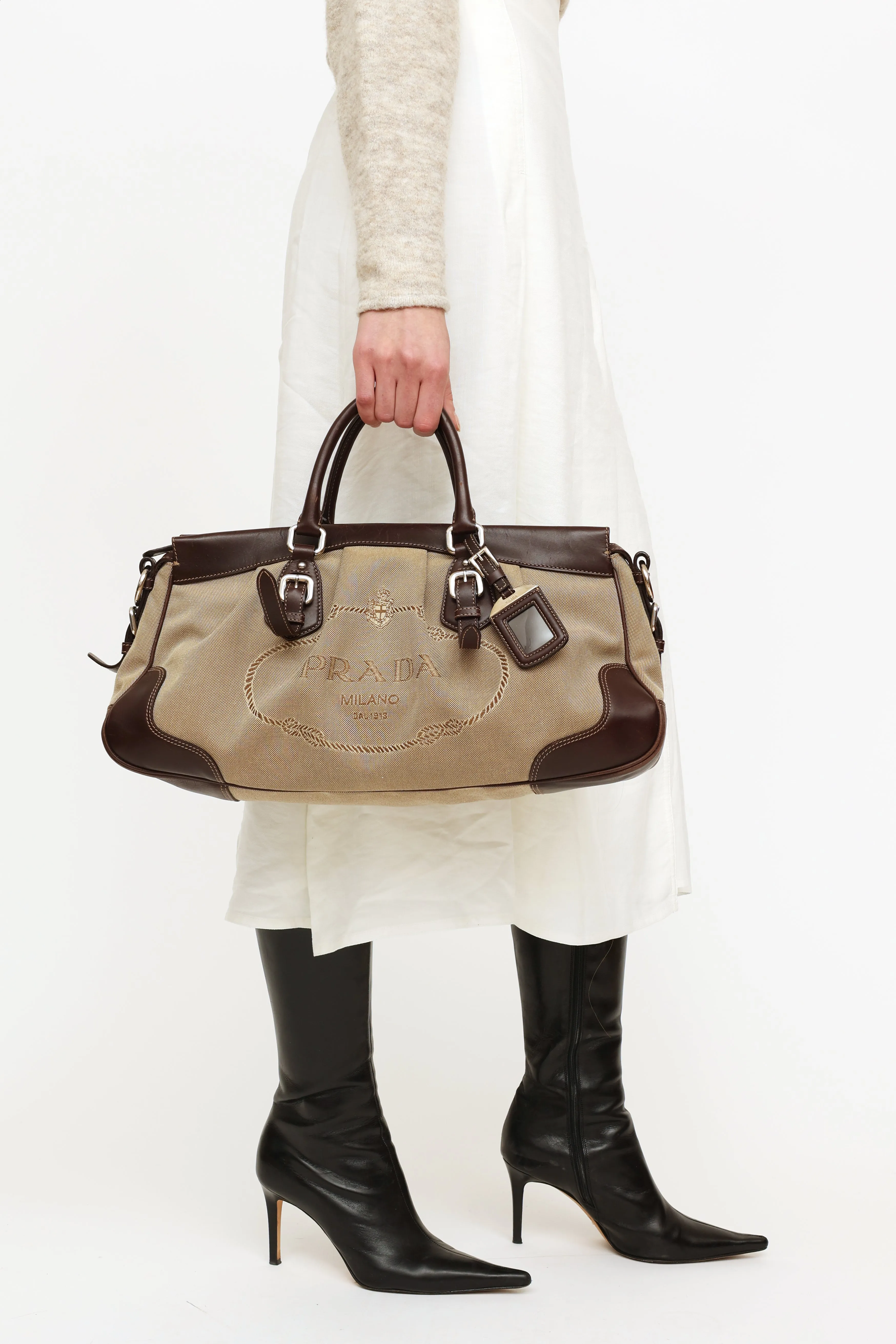 Beige & Brown Canapas Logo Satchel