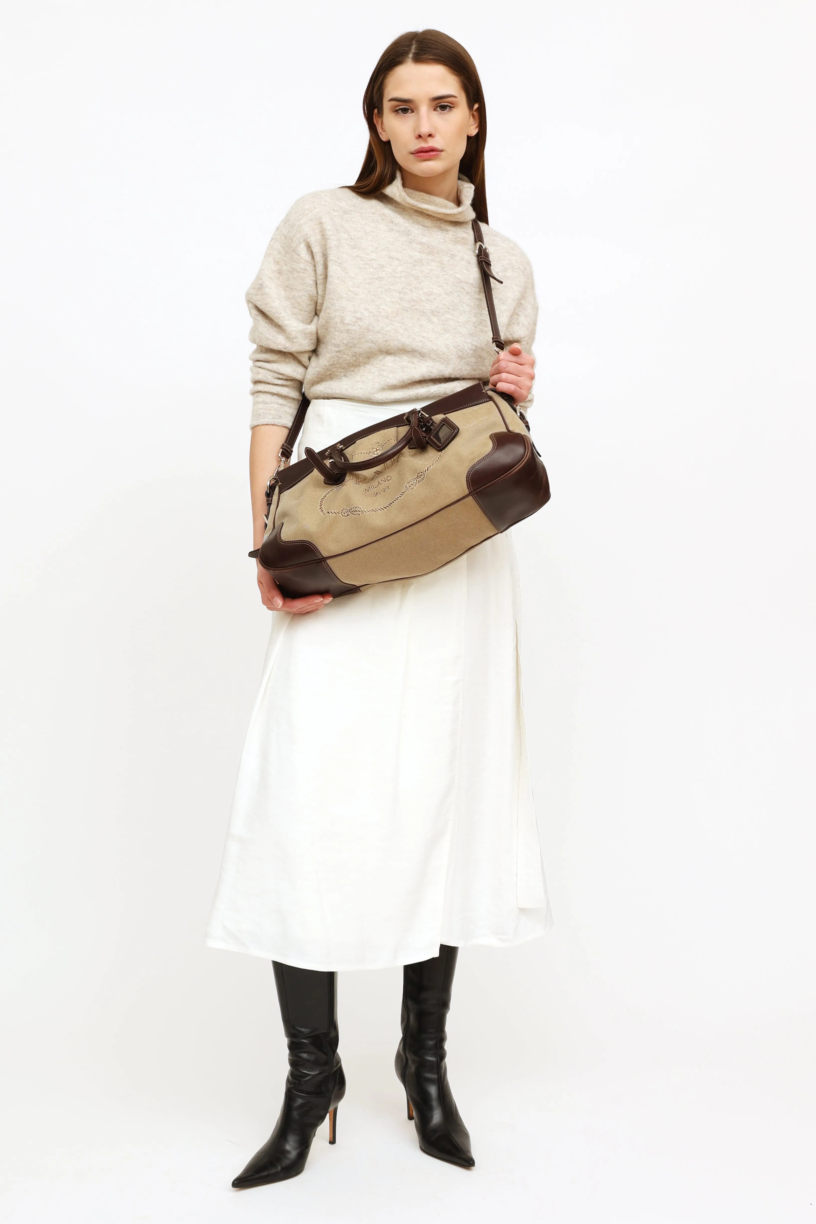 Beige & Brown Canapas Logo Satchel