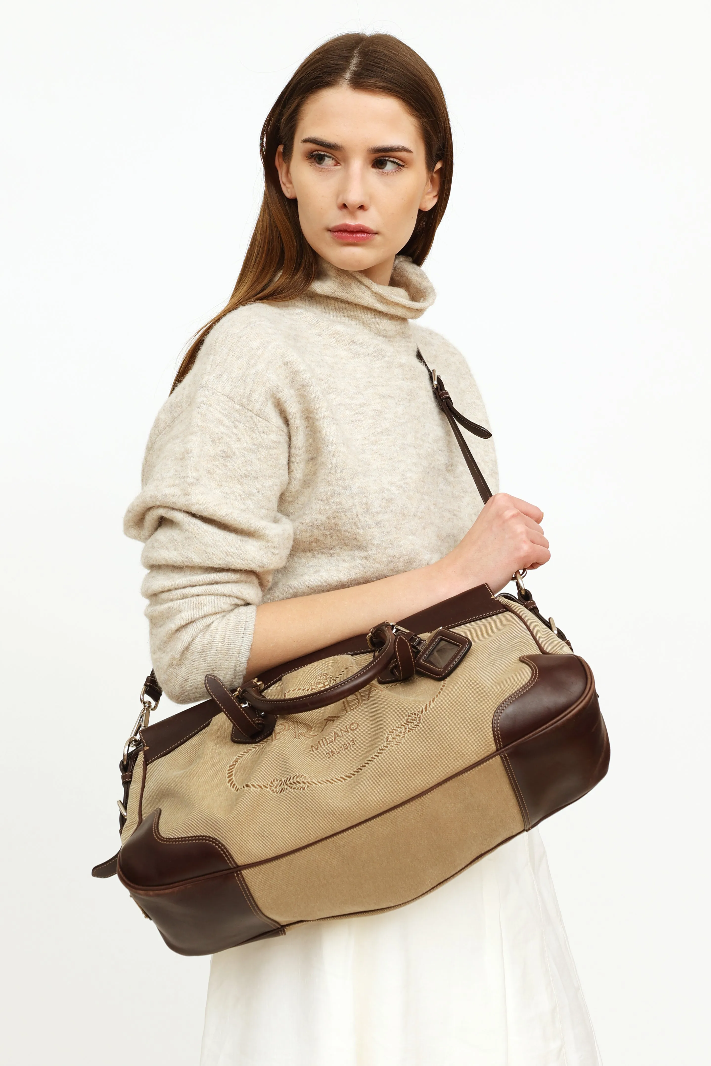 Beige & Brown Canapas Logo Satchel