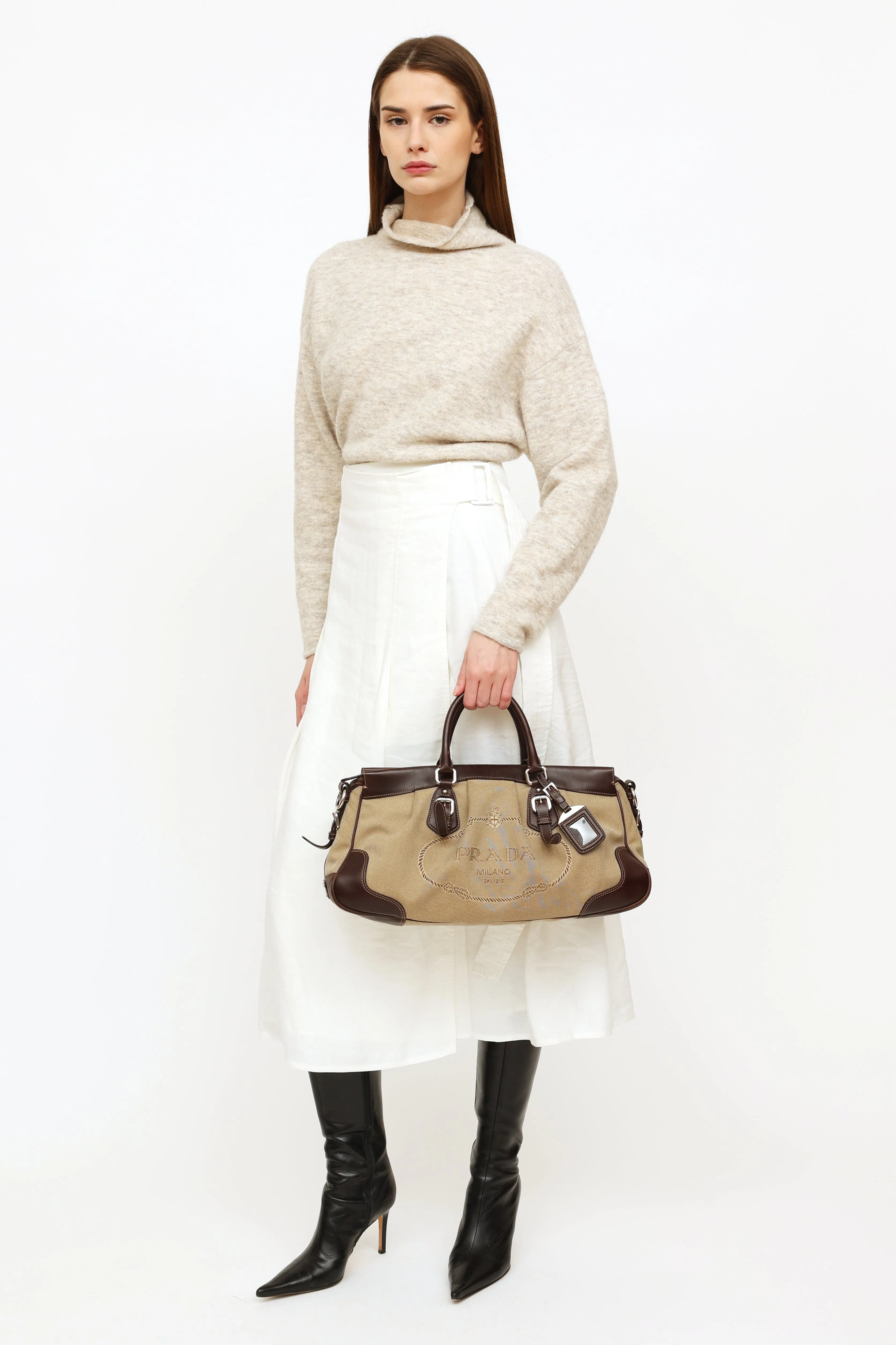 Beige & Brown Canapas Logo Satchel