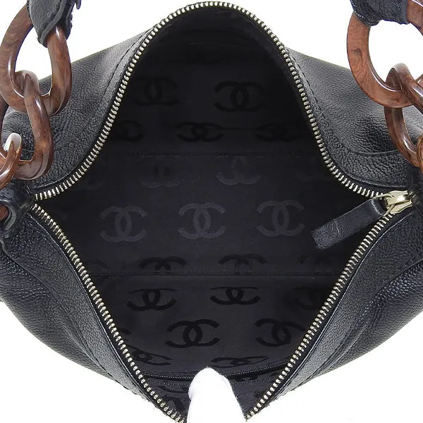 CHANEL Around 2001 Made Caviar Skin Cc Mark Stitch Wood Chain Top Handle Bag Black