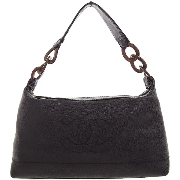 CHANEL Around 2001 Made Caviar Skin Cc Mark Stitch Wood Chain Top Handle Bag Black