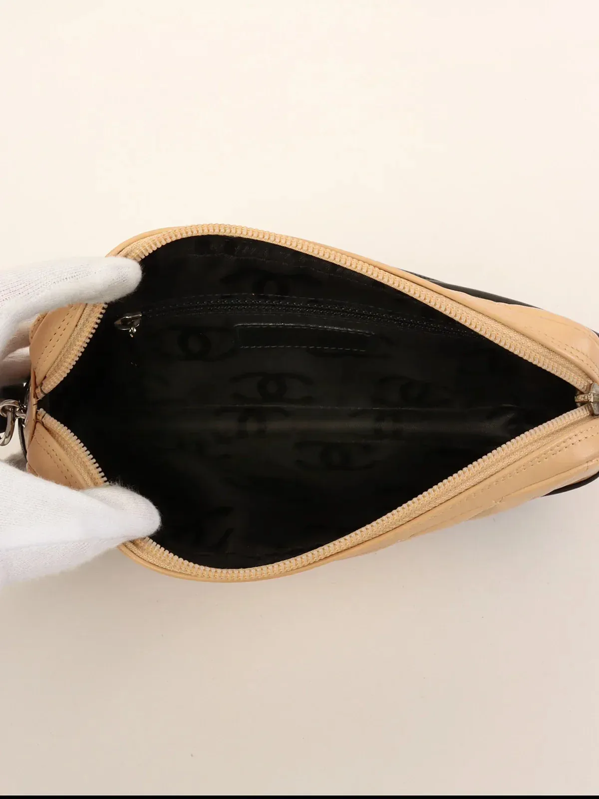 CHANEL Around 2003 Made Cambon Shoulder Bag Beige/Black