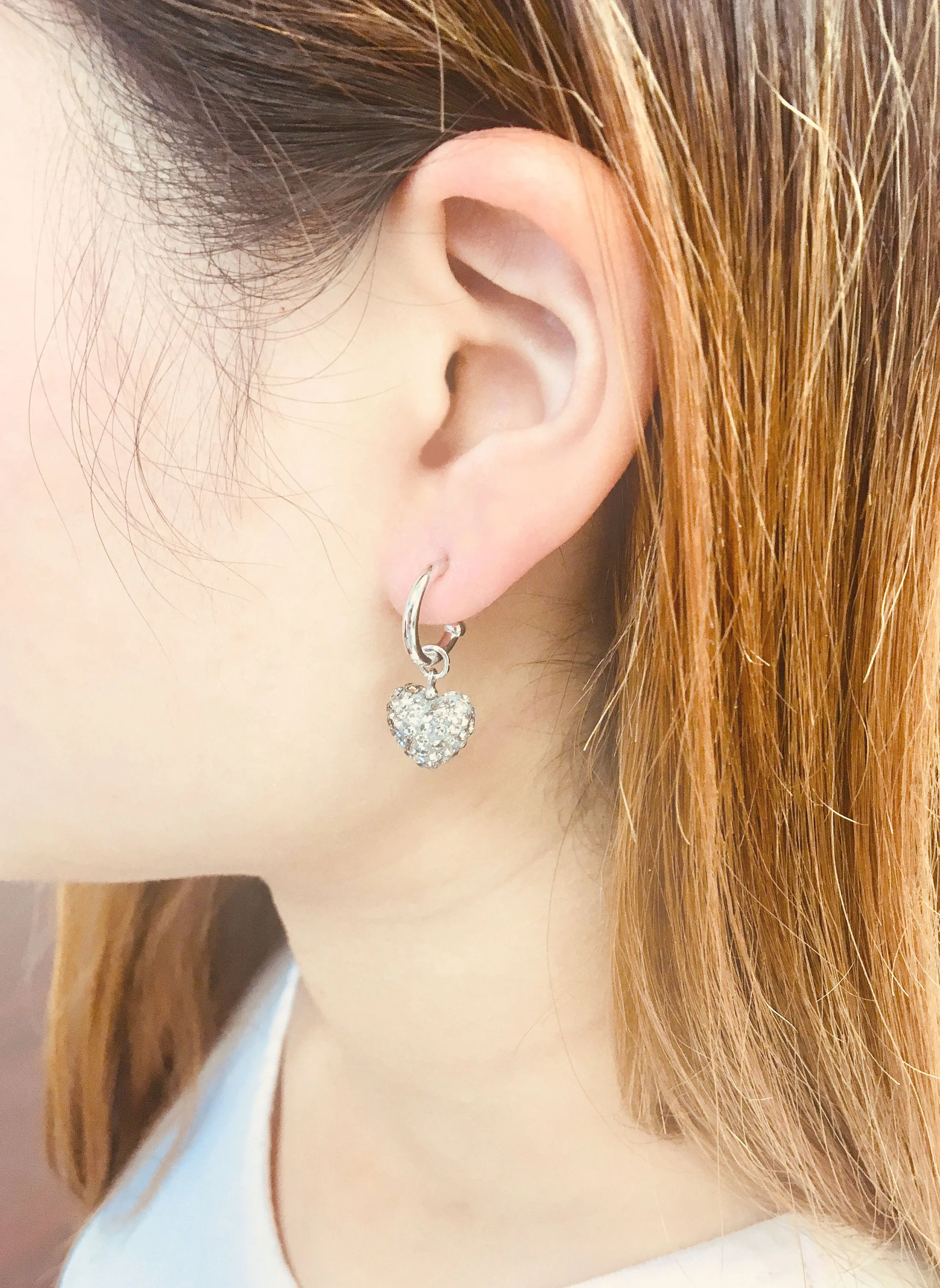 Crystal Pave Heart C-Hoop Dangling Silver Earring